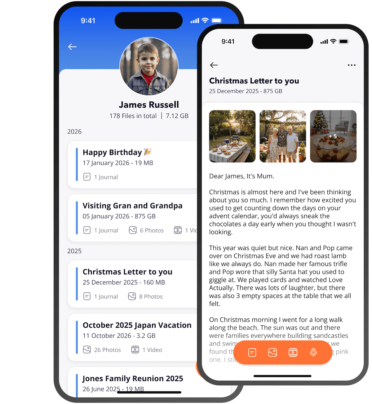 Butterfly Letters app – letter list and letter view on two phones